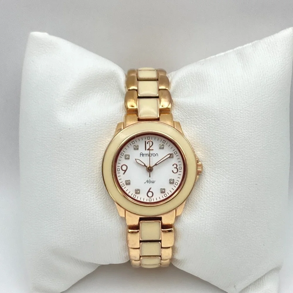 Armitron Women's Watch 27mm Rose Gold Tone Ivory Enamel New Battery SMALL 5.75